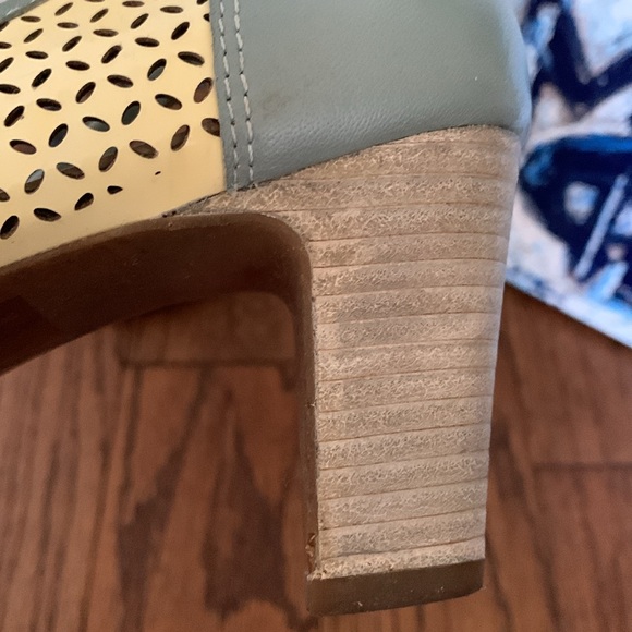 Sz 40 GEOX Respira Olive & Pale Butter Yellow Leather Heels Bow Detail - Picture 5 of 9